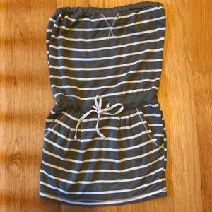 Green and white striped strapless minidress